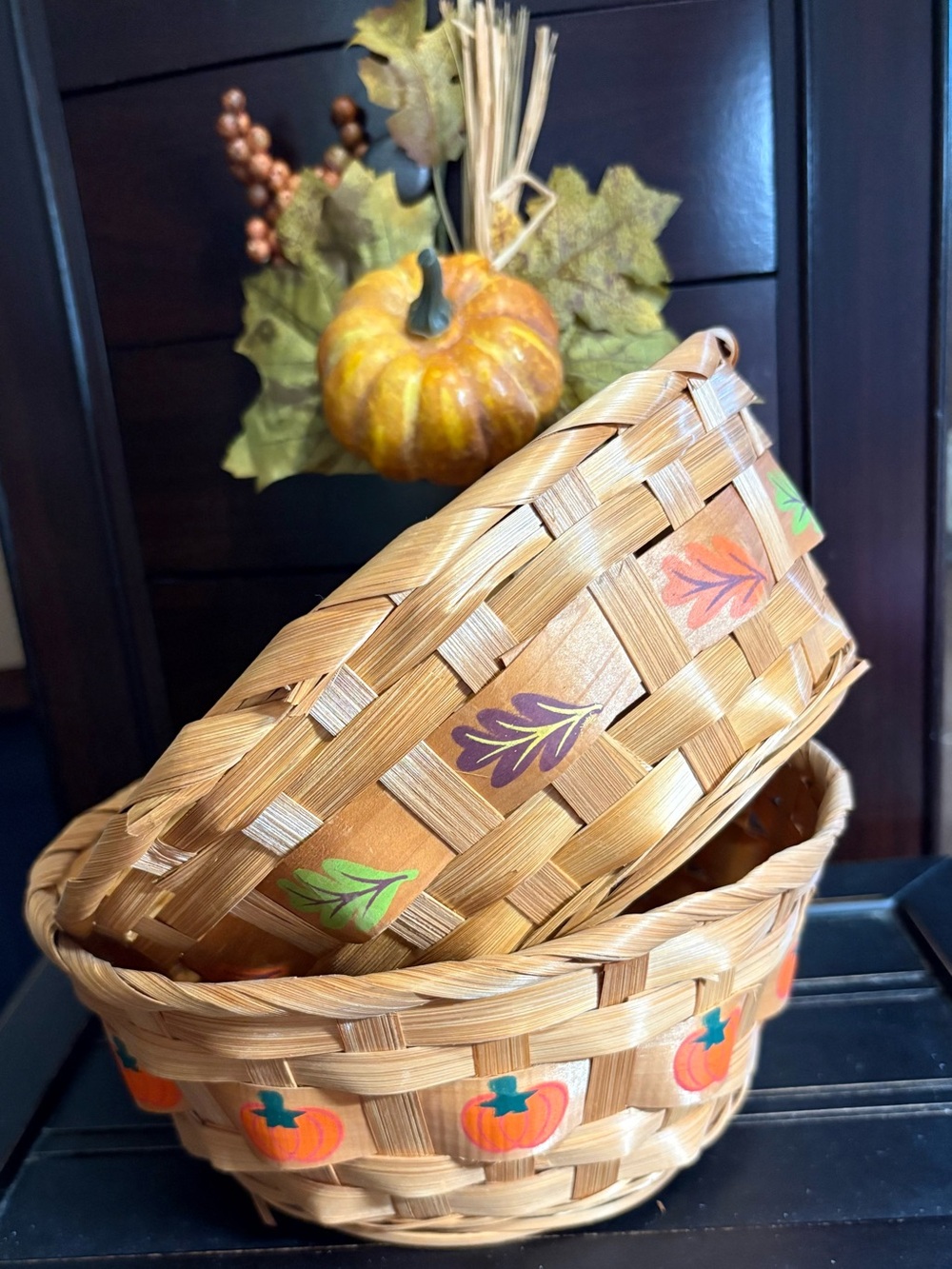 Autumn Harvest Woven Pumpkin Basket Set of 2- Natural